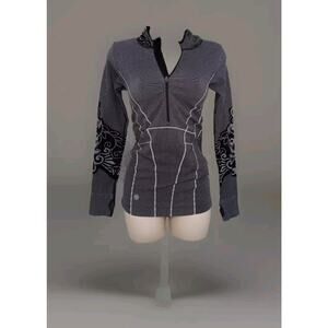 Athleta Twist Hooded L/S Scuba Hoodie Thumbhole Compression 1/2 Zip Black Grey S